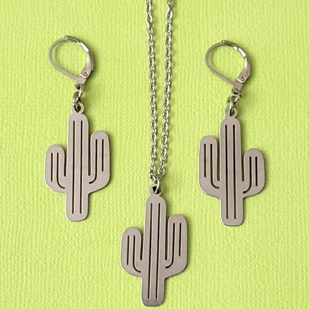 CACTUS Stainless Steel Charm Chain 18" Necklace Earrings Set Western Cowgirl